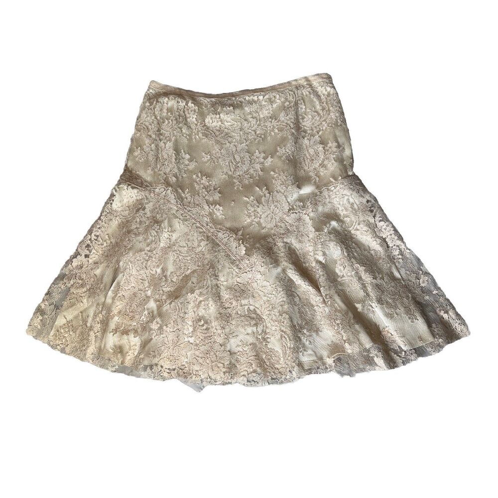 Lisa Baday Skirt 10 Metallic Peach Floral Lace Over Cream Silk A Line Zip Canada